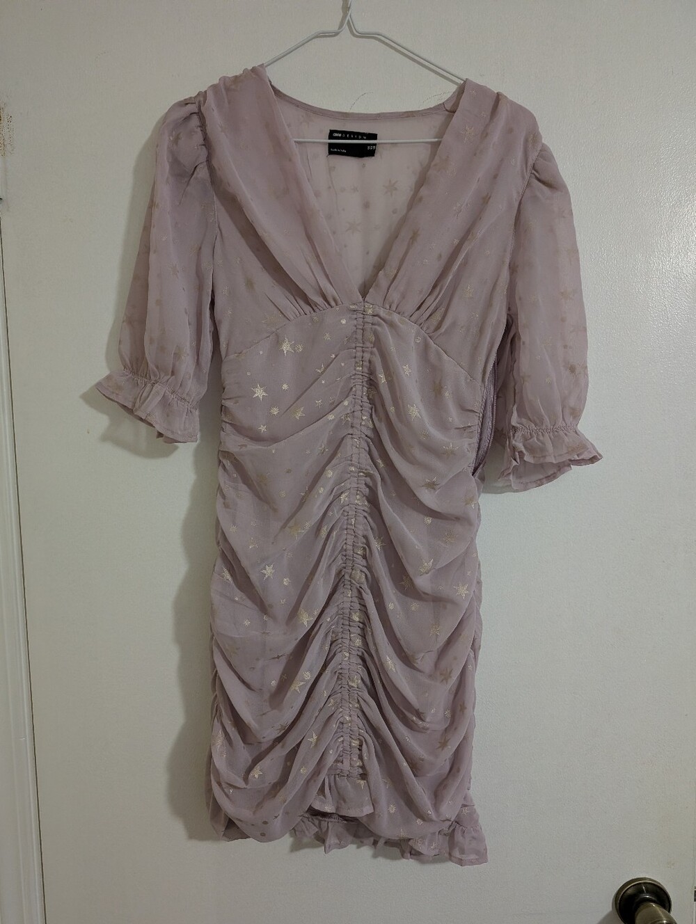 ASOS DESIGN Lilac Star Jacquard Ruched Chiffon Mini Dress Puff Sleeve US 4